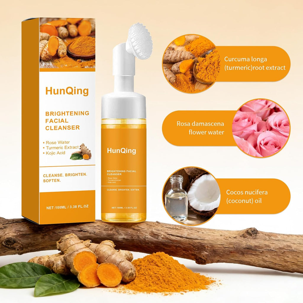 Glow Wash Turmeric Face Wash with Brush, Deep Cleansing Exfoliating Foaming Facial Cleanser
