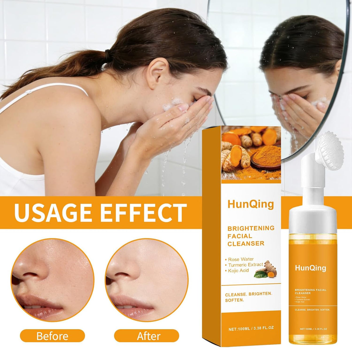 Glow Wash Turmeric Face Wash with Brush, Deep Cleansing Exfoliating Foaming Facial Cleanser