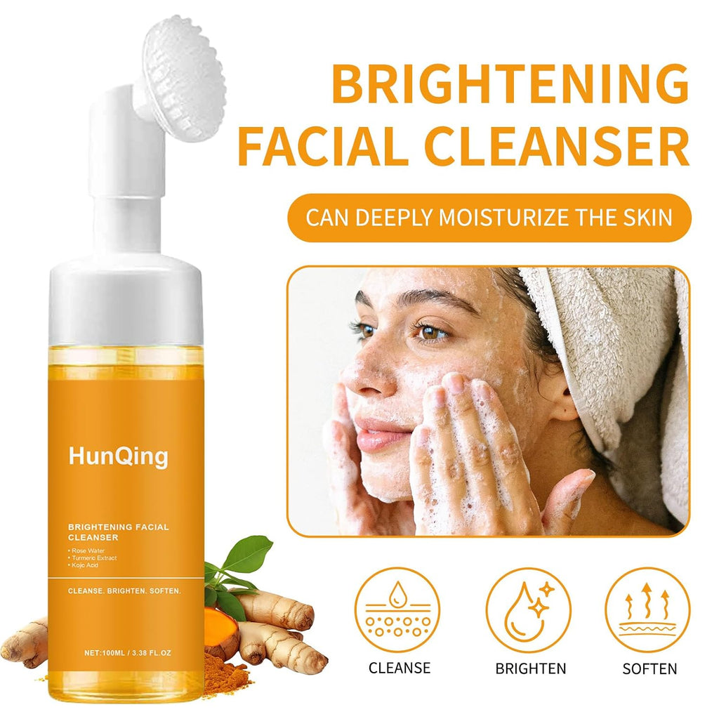 Glow Wash Turmeric Face Wash with Brush, Deep Cleansing Exfoliating Foaming Facial Cleanser